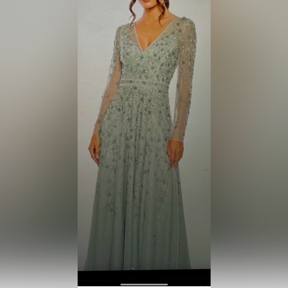 Mac Duggal Embellished Wrap Over Illusion Long Sleeve A Line